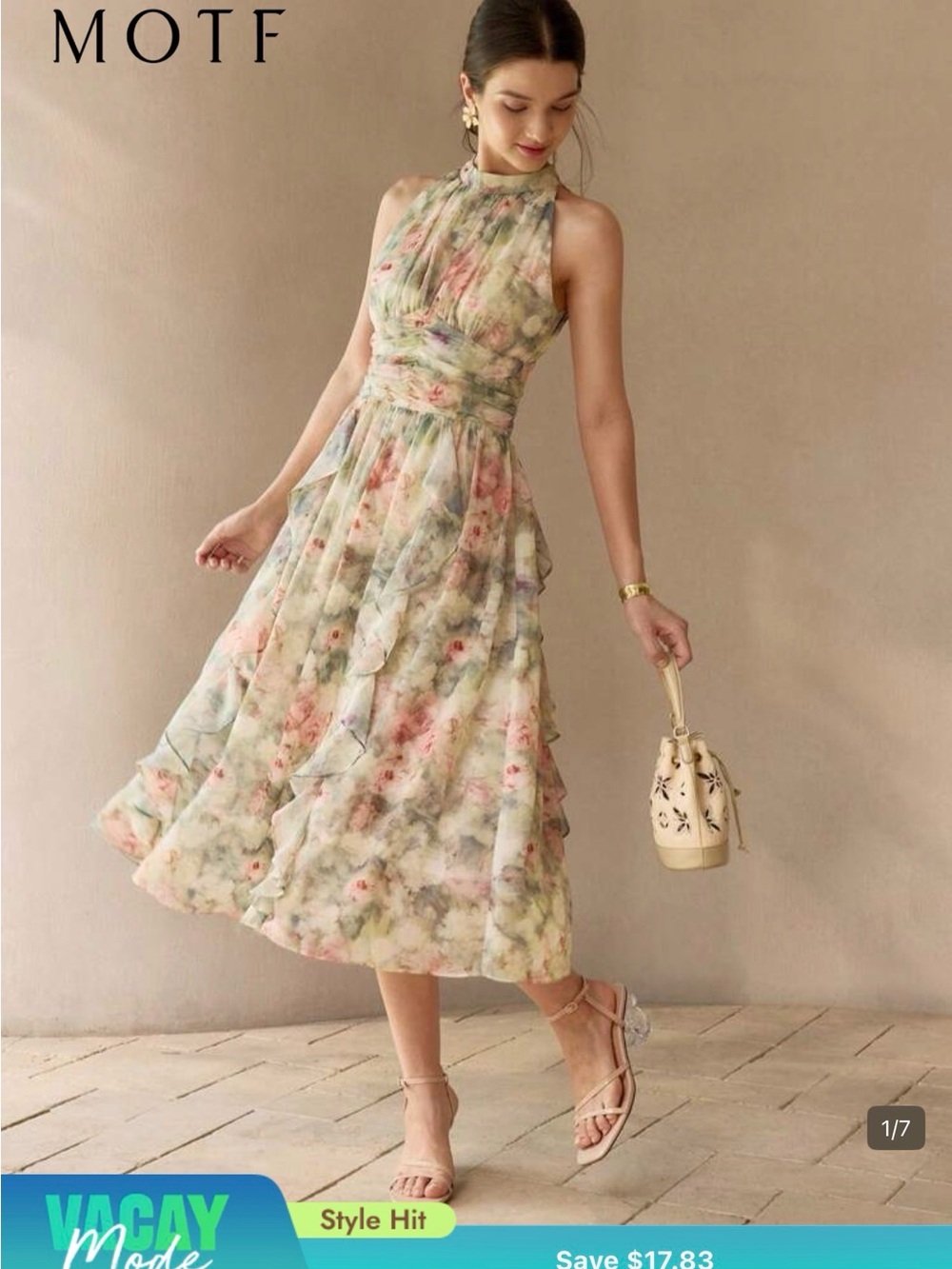 MOTF Pastel Floral High-Neck Midi Dress